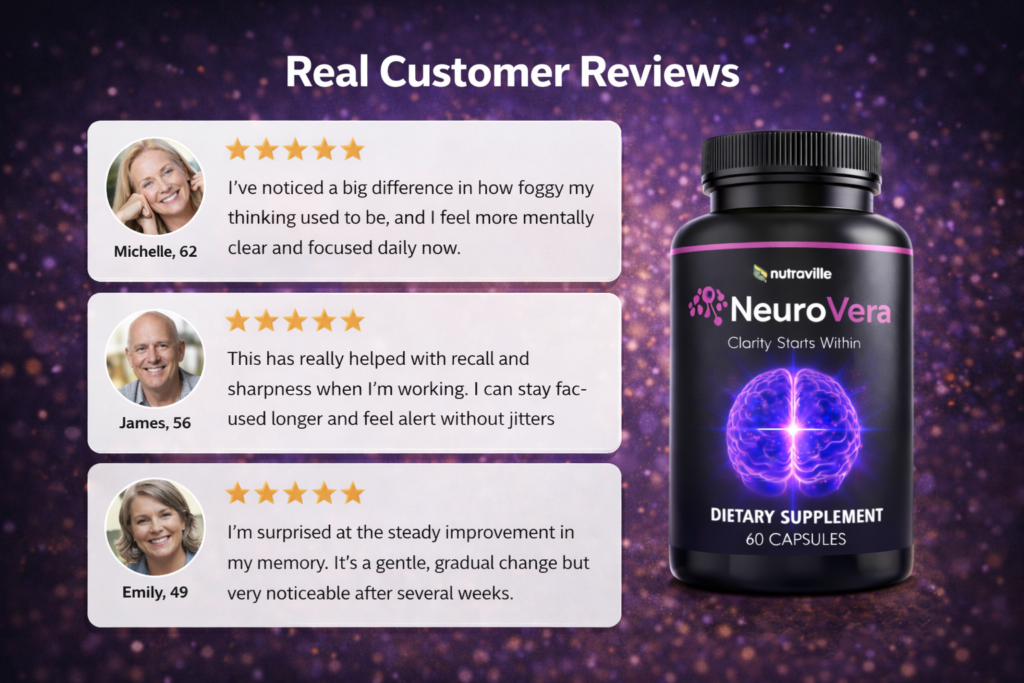 NeuroVera review showing customer feedback cards alongside the supplement bottle