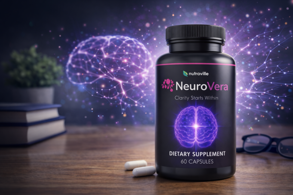 Original NeuroVera brain support supplement bottle featured on a NeuroVera review page
