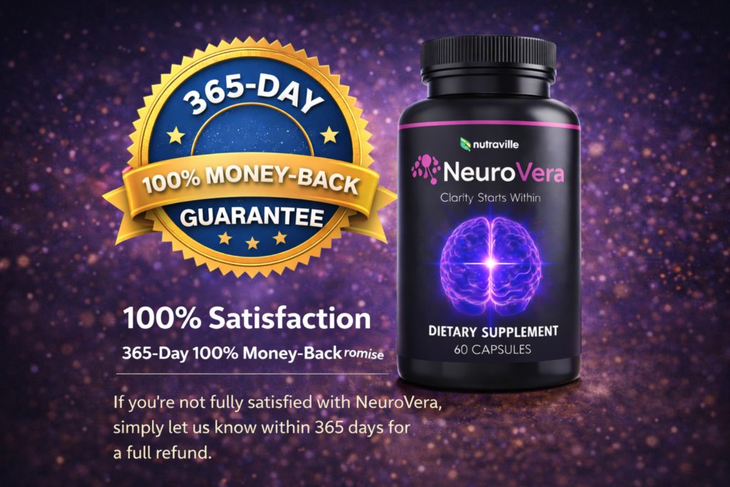 NeuroVera review showing the supplement bottle with a 365-day money-back guarantee